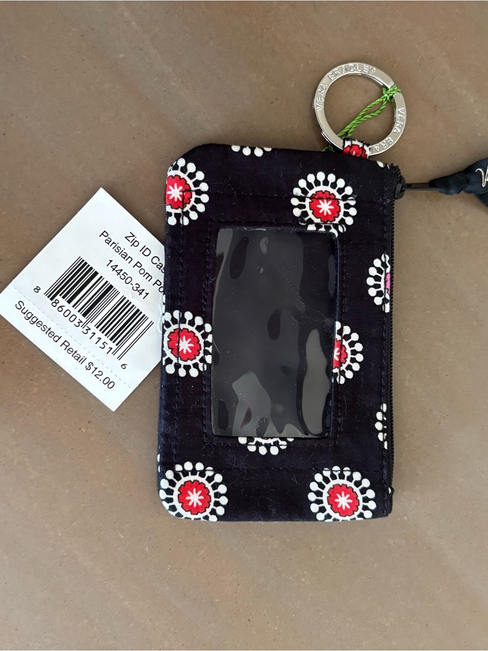Vera Bradley Black Floral Zip ID Card Holder with Red Accents